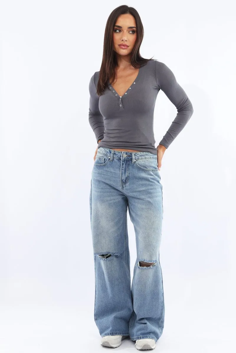 Grey Henley Top Long Sleeve sold by Ally Fashion product image thumbnail 2