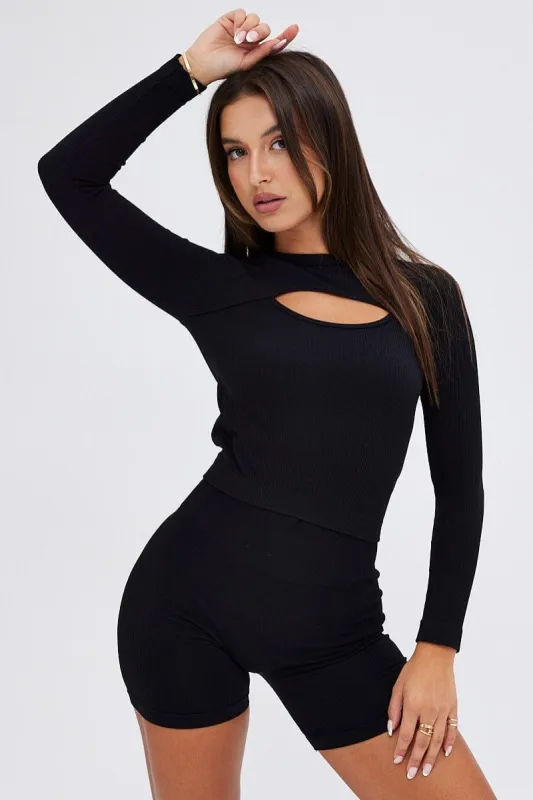 Black Cut out Top Long sleeve Seamless Activewear sold by Ally Fashion