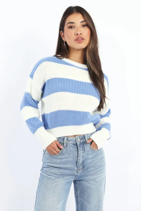 Blue Stripe Knit Top Long Sleeve Color Block sold by Ally Fashion