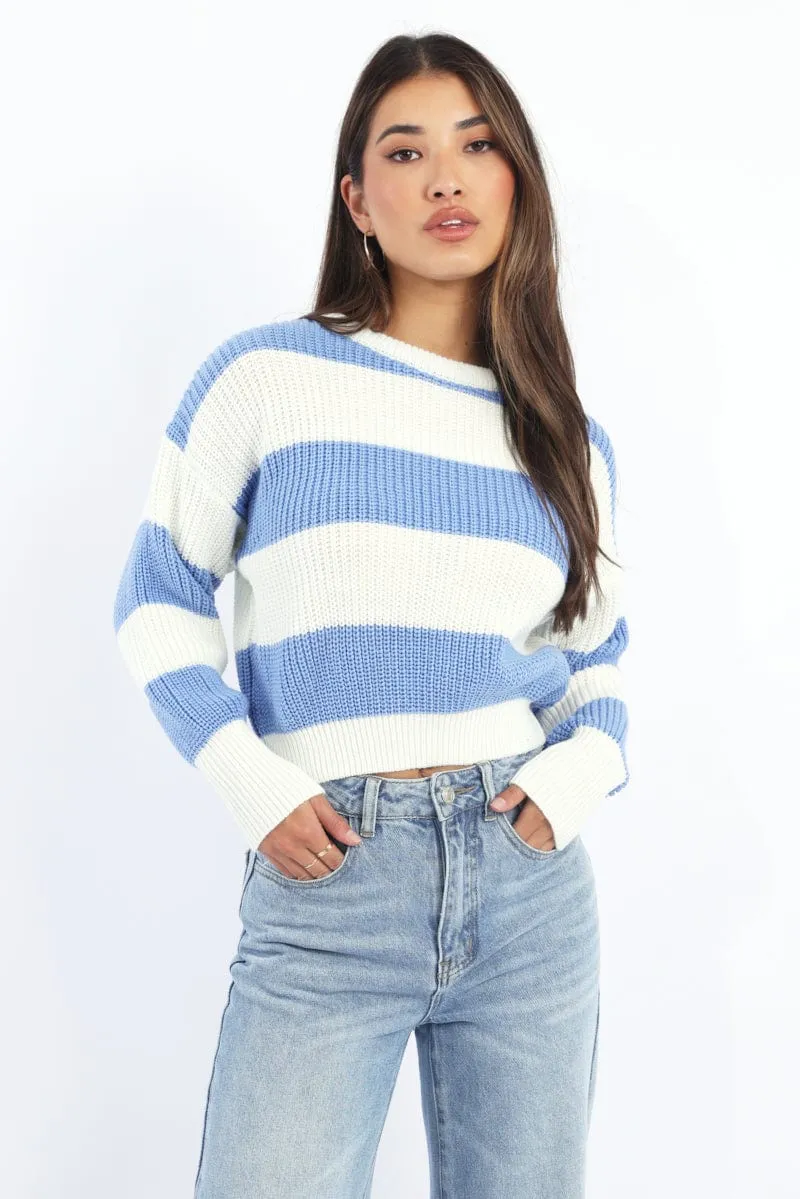 Blue Stripe Knit Top Long Sleeve Color Block sold by Ally Fashion