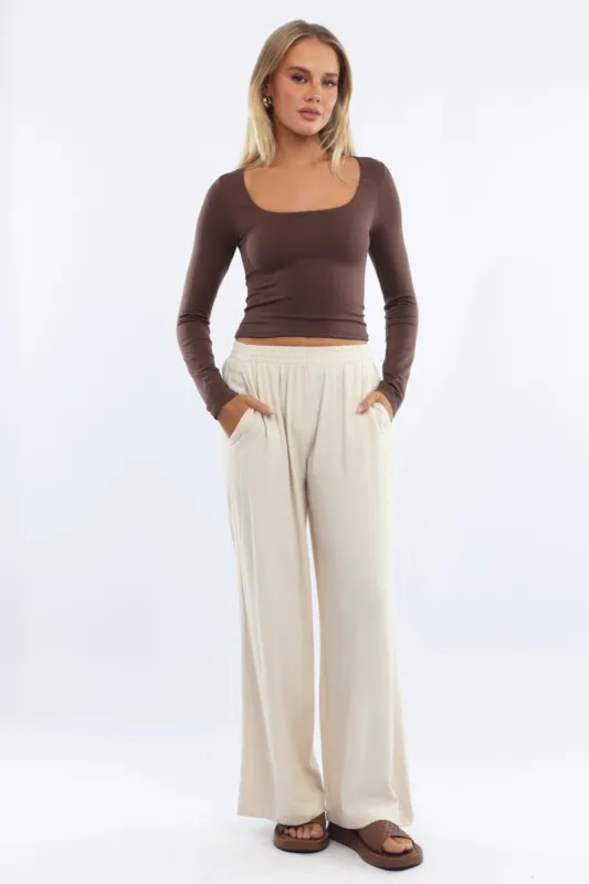 Beige Wide Leg Pants Elasticated Waist sold by Ally Fashion