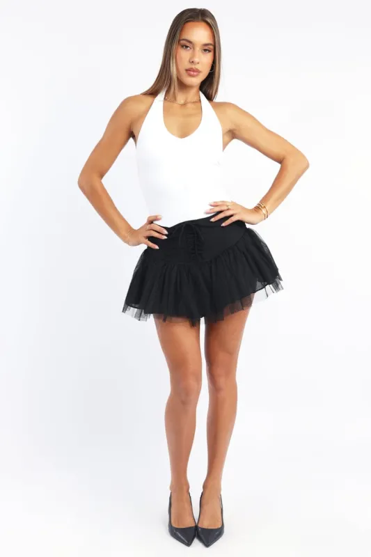 Black Mini Skirt High Waisted Shirred Back Lace Up Tutu sold by Ally Fashion