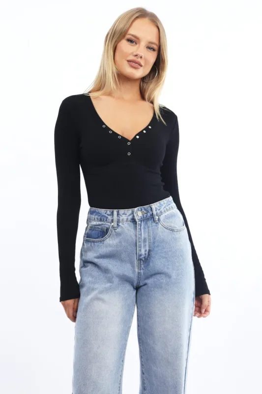 Black Henley Top Long Sleeve sold by Ally Fashion