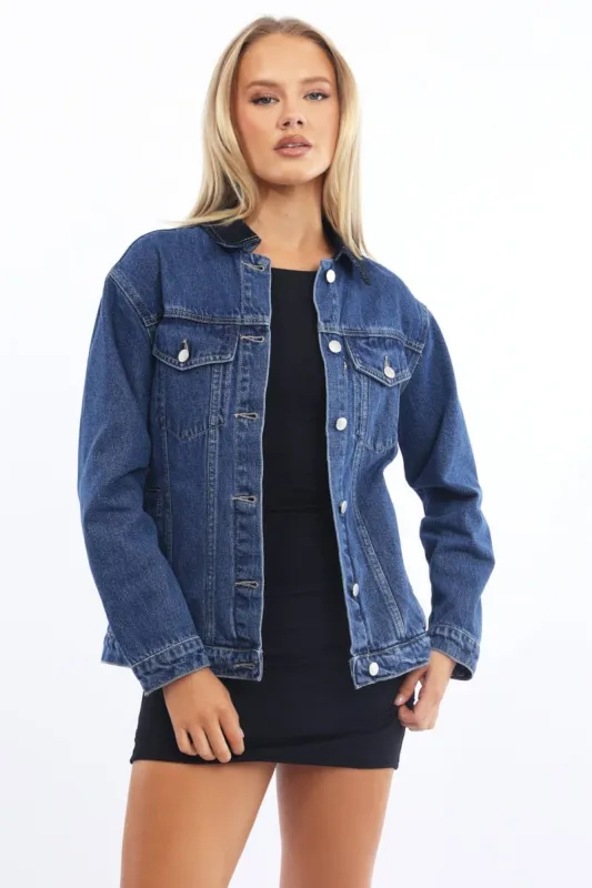 Denim Jacket Long Sleeve Faux Fur Tie Front Washed Denim