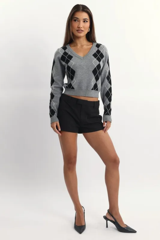Grey Check Knit Top Long Sleeve V-Neck Argyle sold by Ally Fashion