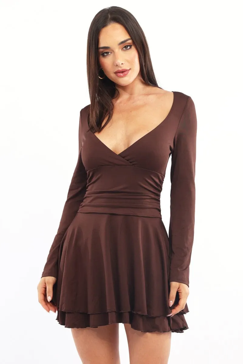 Brown Fit And Flare Dress Bell Sleeve sold by Ally Fashion