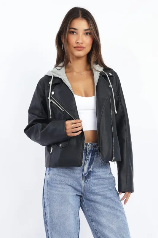 Black Faux leather Biker With Removable Hoodie sold by Ally Fashion