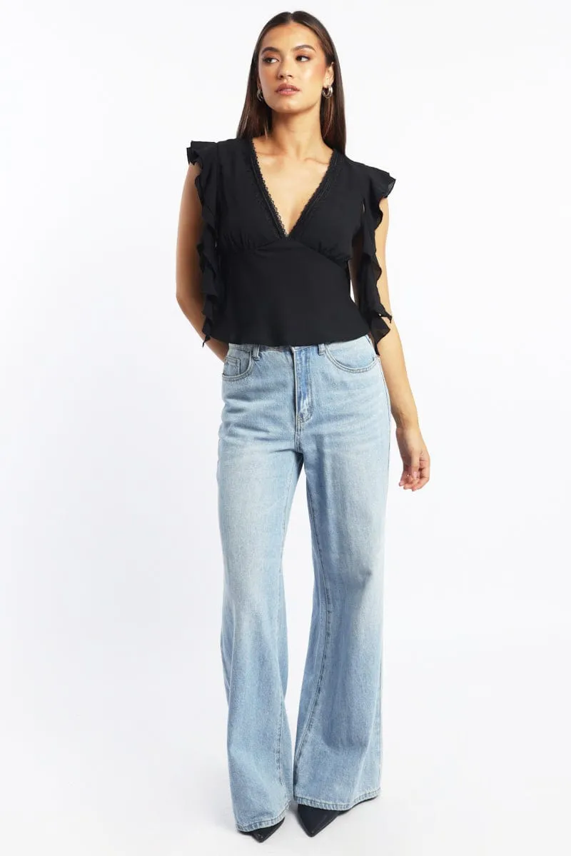 Black Frilled Top Sleeveless V-Neck Lace Trim sold by Ally Fashion product image thumbnail 2