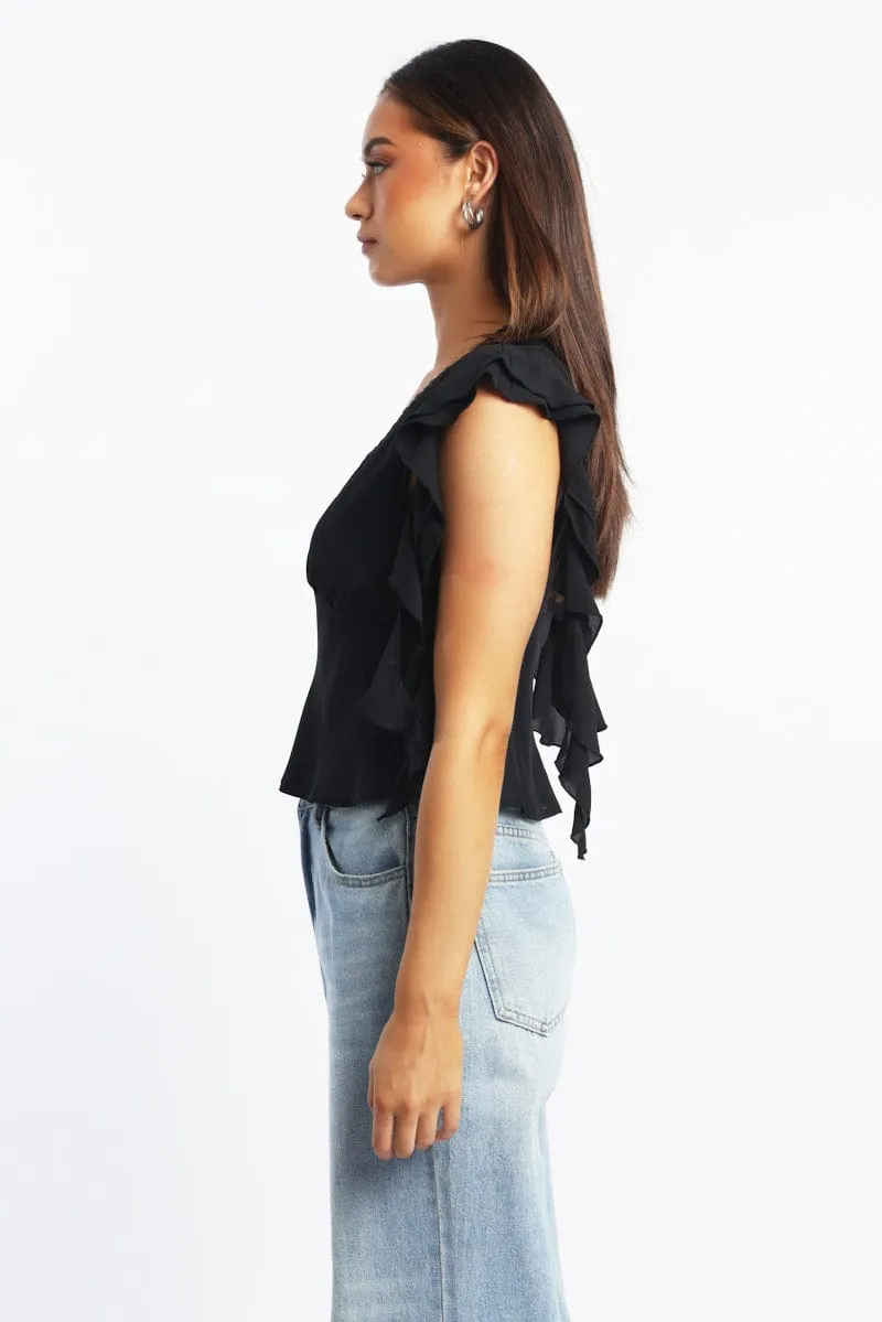 Black Frilled Top Sleeveless V-Neck Lace Trim sold by Ally Fashion product image thumbnail 3