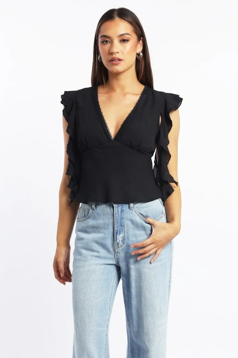 Black Frilled Top Sleeveless V-Neck Lace Trim sold by Ally Fashion