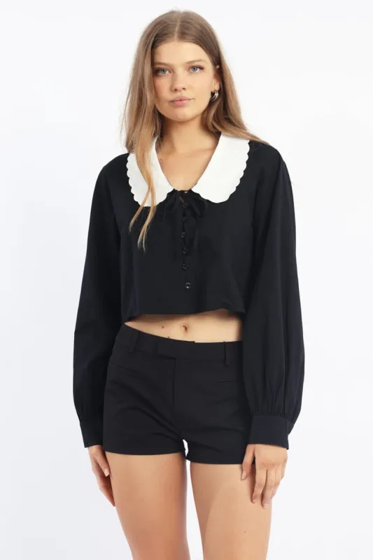 Black Shirt Long Sleeve Peter Pan Collar Button Up sold by Ally Fashion