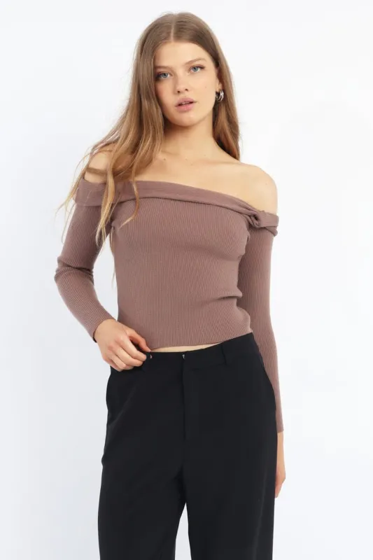 Brown Knit Top Long Sleeve Off Shoulder sold by Ally Fashion