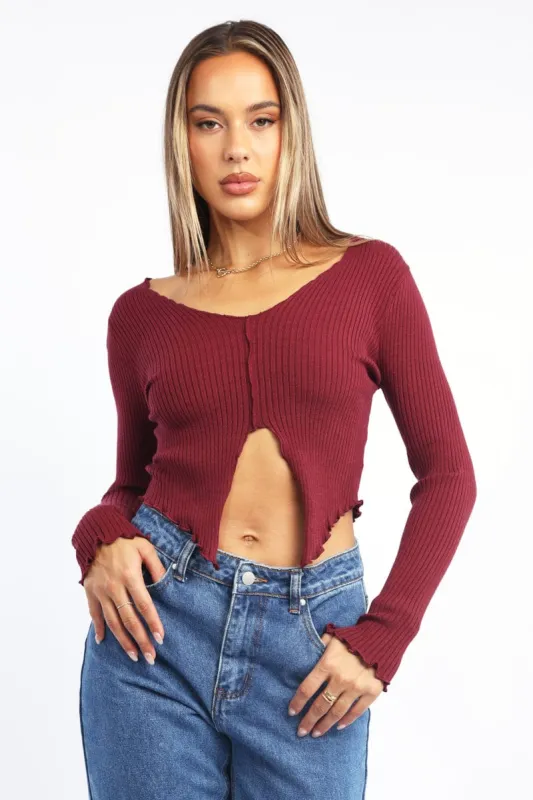 Red Rib Knit V-neck Long Sleeve Top sold by Ally Fashion