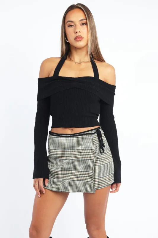 Black Knit Top Long Sleeve Off Shoulder Halter sold by Ally Fashion