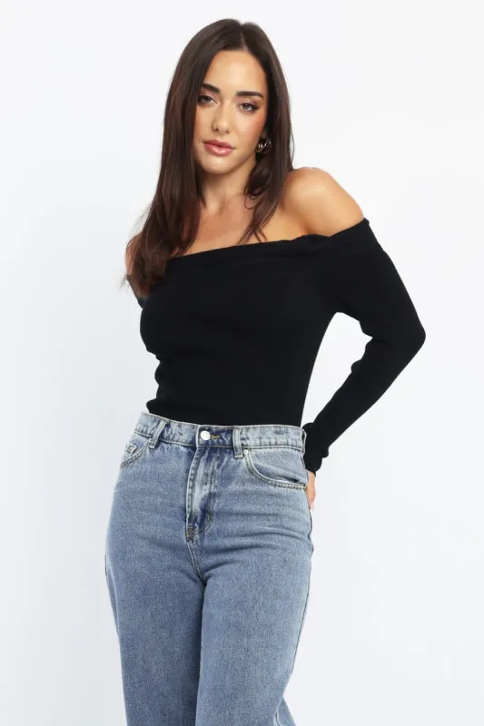 Black Knit Top Long Sleeve Off Shoulder sold by Ally Fashion