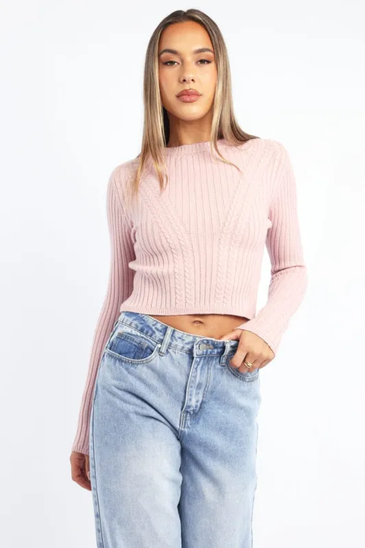 Pink Cable Knit Top Long Sleeve sold by Ally Fashion