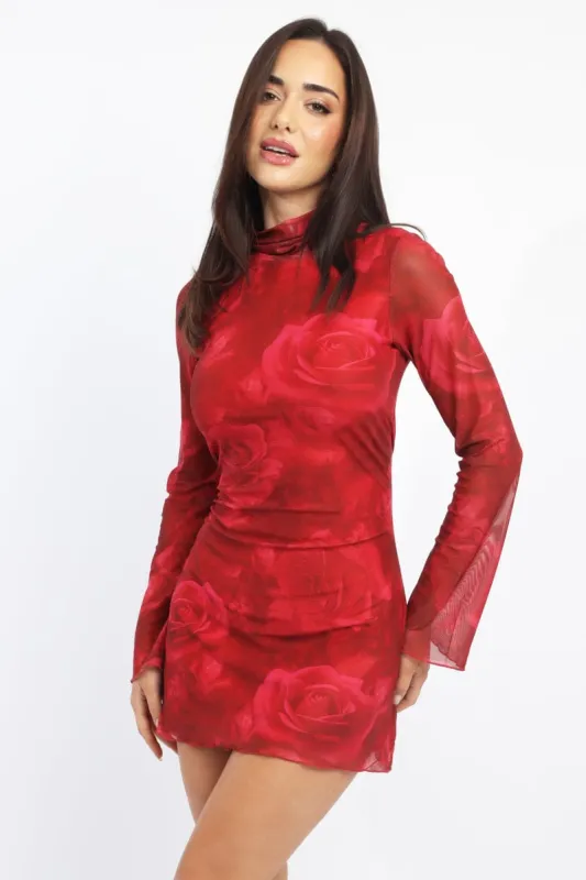 Red Floral Mini Dress High Neck Long Sleeve Mesh sold by Ally Fashion