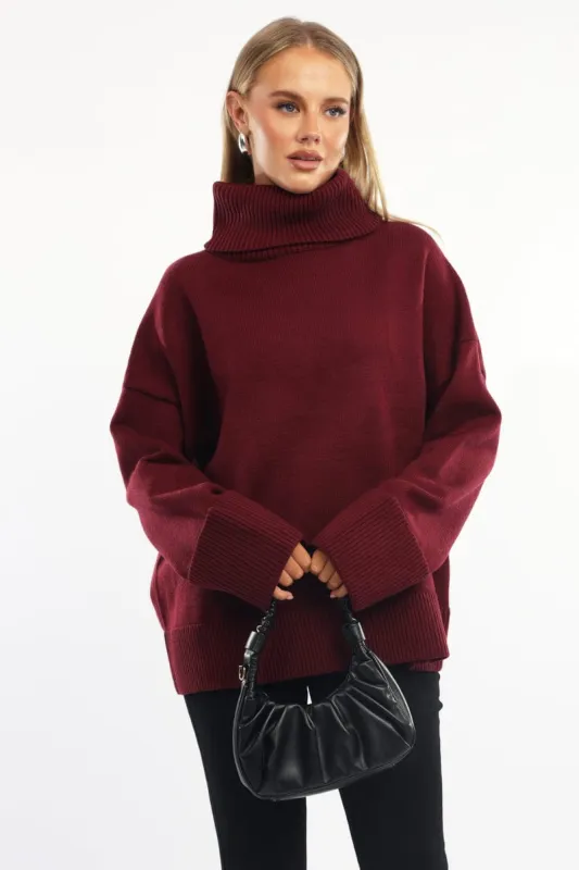 Red Knit Top Long Sleeve Oversized High Neck sold by Ally Fashion