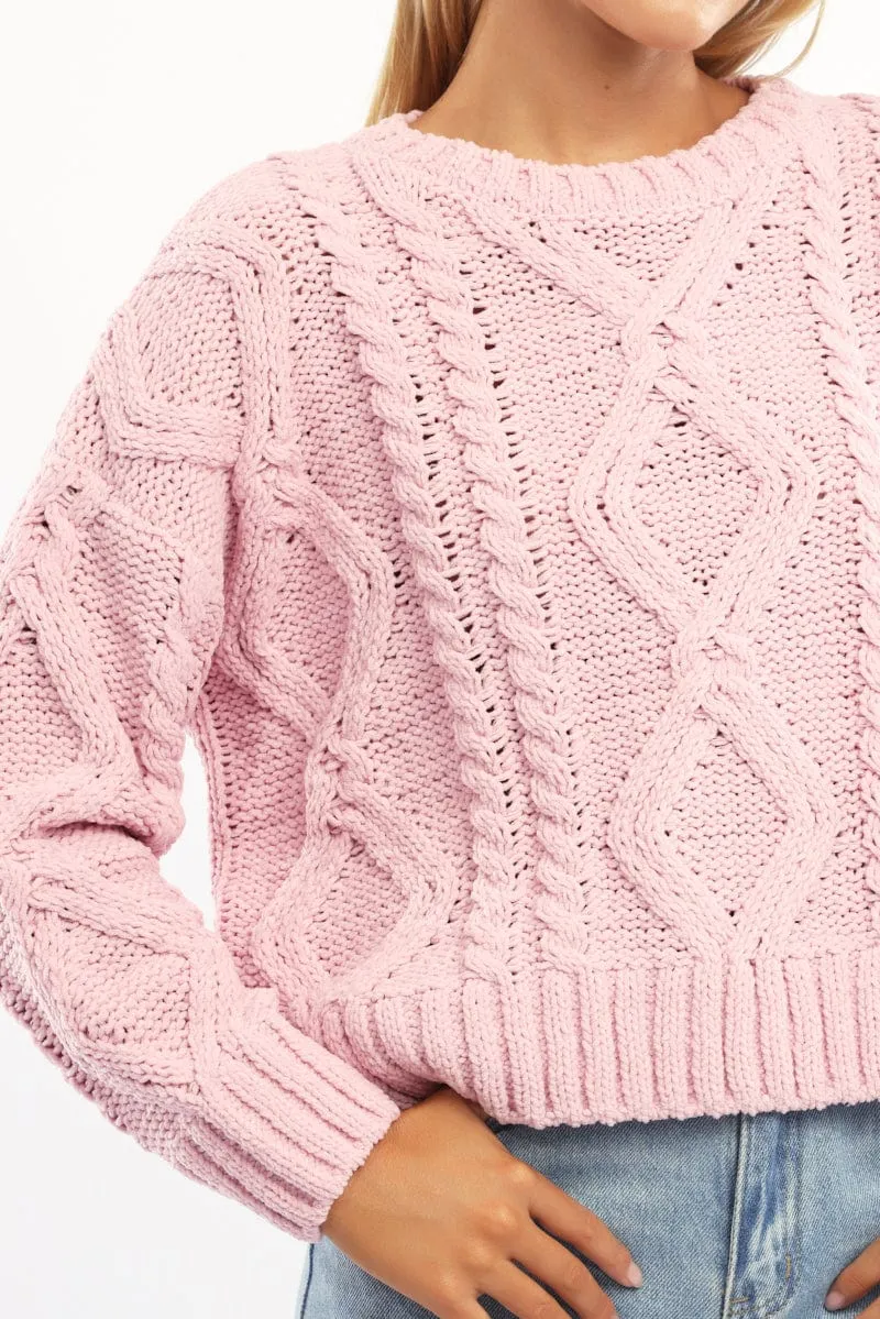 Pink Cable Knit Long Sleeve Crew Neck sold by Ally Fashion product image thumbnail 5