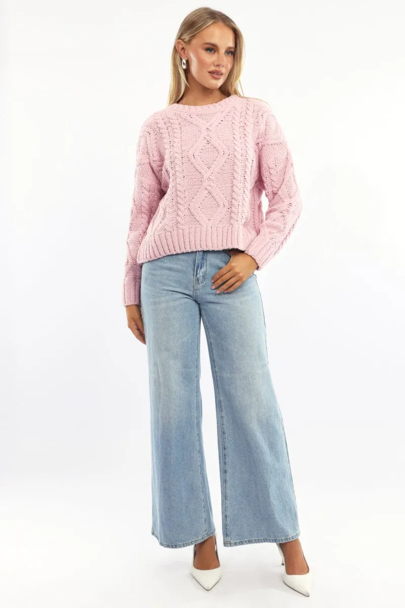 Pink Cable Knit Long Sleeve Crew Neck sold by Ally Fashion product image thumbnail 2