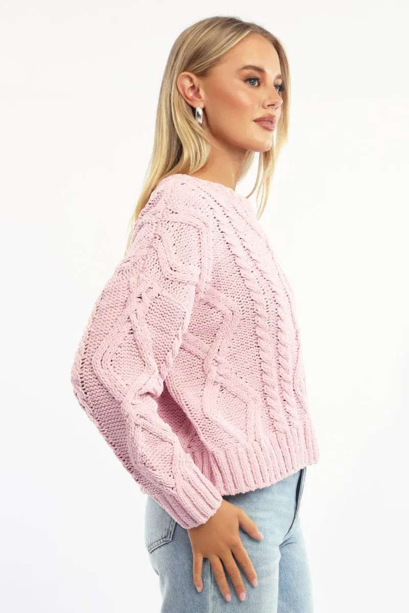 Pink Cable Knit Long Sleeve Crew Neck sold by Ally Fashion product image thumbnail 3