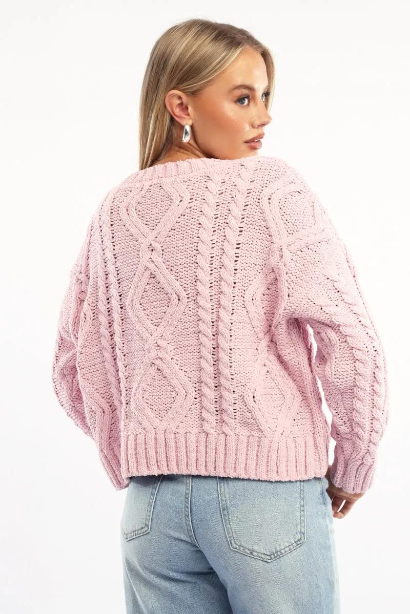 Pink Cable Knit Long Sleeve Crew Neck sold by Ally Fashion product image thumbnail 4