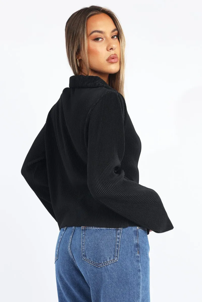 Black Plisse Shirt Long Sleeve Lapel Collar Button Up sold by Ally Fashion product image thumbnail 4
