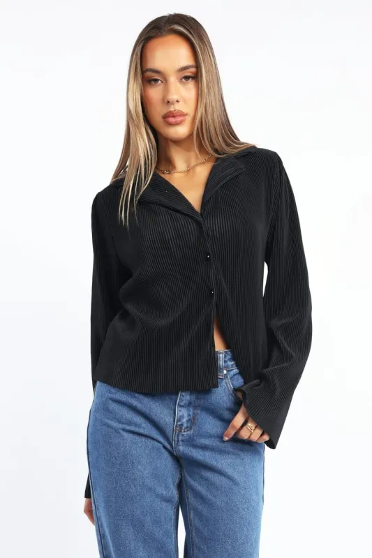 Black Plisse Shirt Long Sleeve Lapel Collar Button Up sold by Ally Fashion