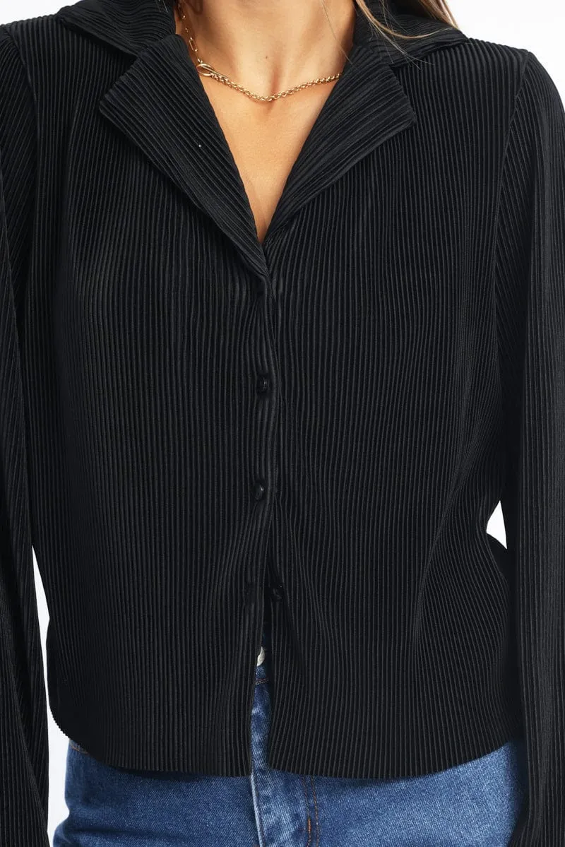 Black Plisse Shirt Long Sleeve Lapel Collar Button Up sold by Ally Fashion product image thumbnail 5