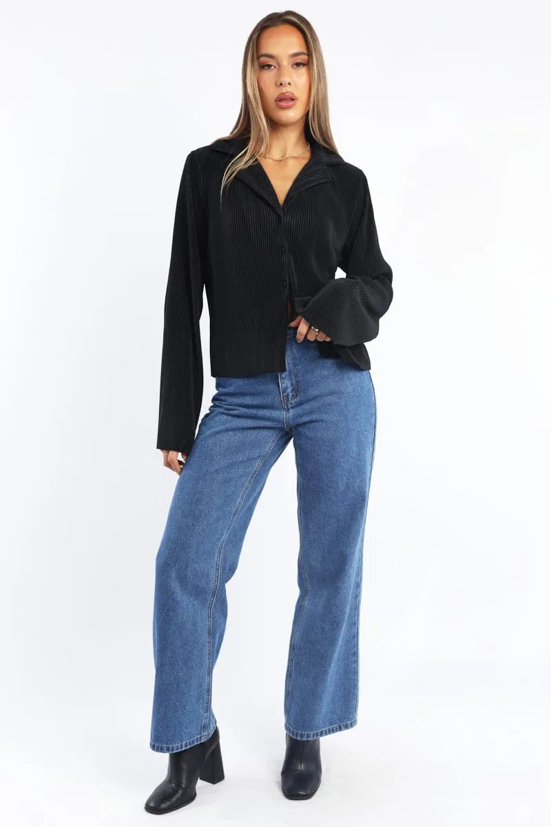 Black Plisse Shirt Long Sleeve Lapel Collar Button Up sold by Ally Fashion product image thumbnail 2