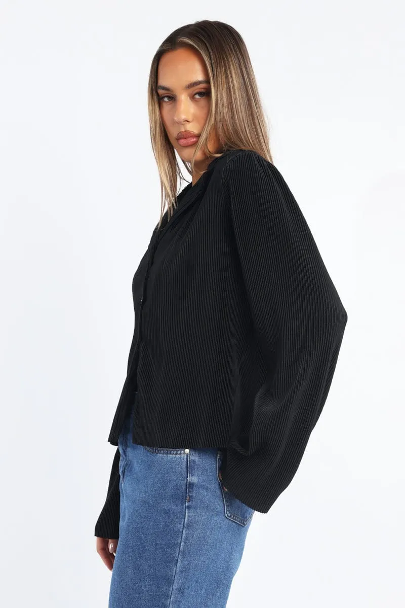 Black Plisse Shirt Long Sleeve Lapel Collar Button Up sold by Ally Fashion product image thumbnail 3