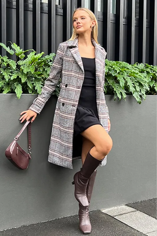 Black Check Belted Coat Knee Length Long Sleeve sold by Ally Fashion