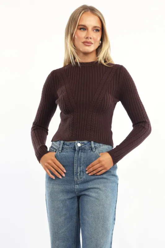 Brown Cable Knit Top Long Sleeve sold by Ally Fashion