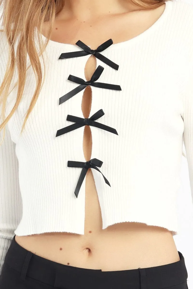 White Knit Top Long Sleeve Front Ribbon sold by Ally Fashion product image thumbnail 5