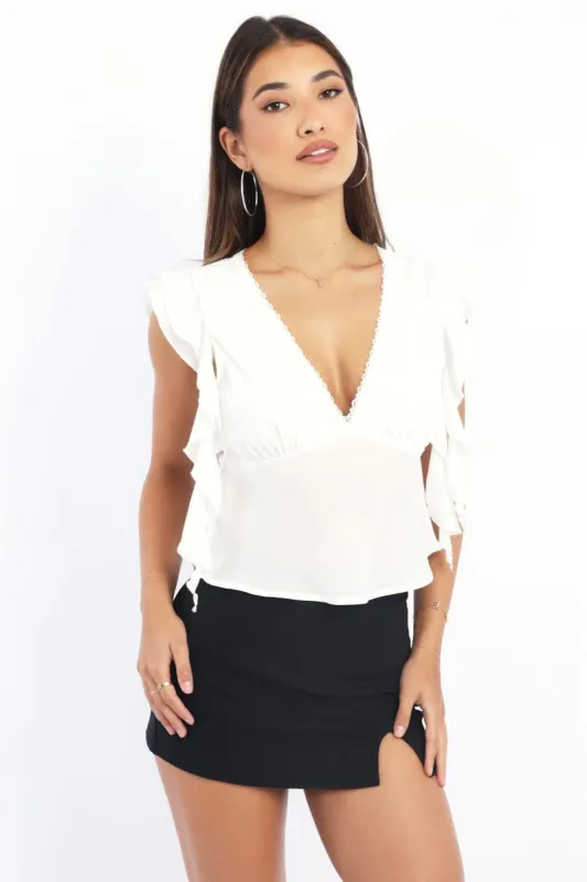 White Frilled Top Sleeveless V-neck Lave Trim sold by Ally Fashion