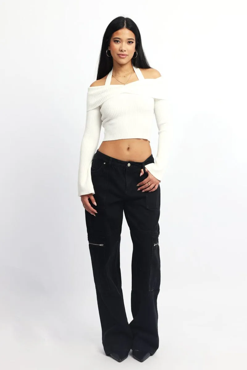 White Knit Top Long Sleeve Off Shoulder Halter sold by Ally Fashion product image thumbnail 2