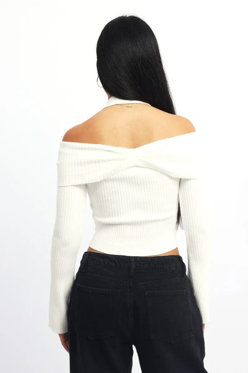 White Knit Top Long Sleeve Off Shoulder Halter sold by Ally Fashion product image thumbnail 4