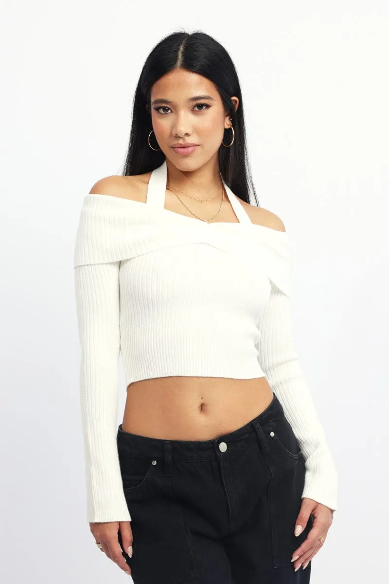White Knit Top Long Sleeve Off Shoulder Halter sold by Ally Fashion