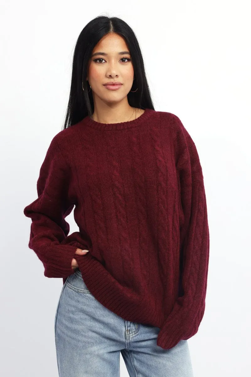 Red Knit Jumper Long Sleeve Cable sold by Ally Fashion