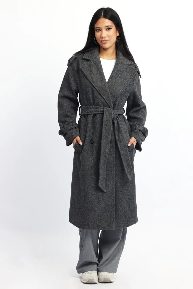 Grey Coat Long Sleeve Belted sold by Ally Fashion product image thumbnail 3
