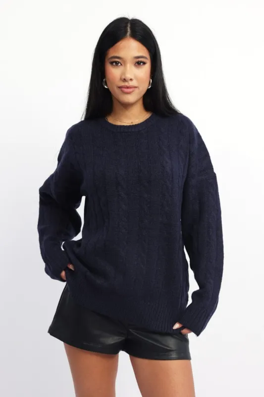 Blue Knit Jumper Long Sleeve Cable sold by Ally Fashion