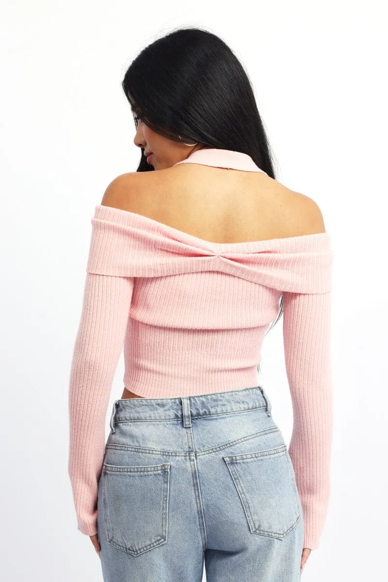 Pink Knit Top Long Sleeve Off Shoulder Halter sold by Ally Fashion product image thumbnail 5