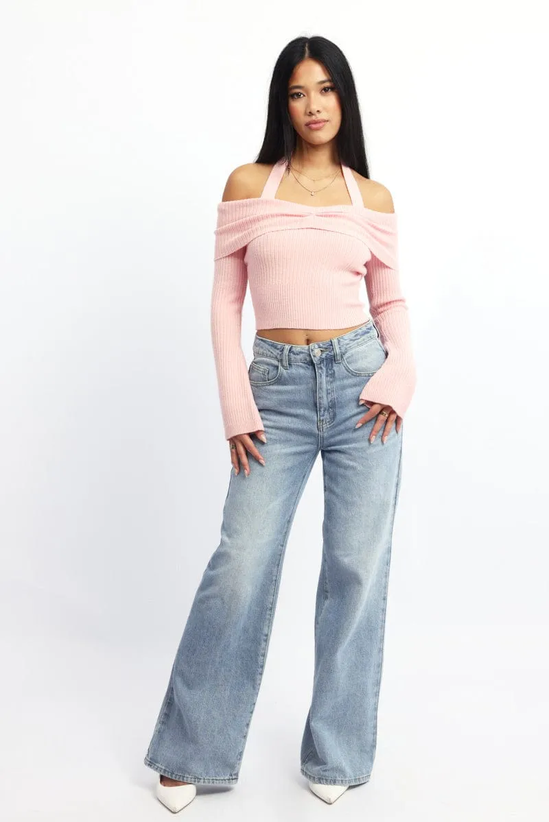Pink Knit Top Long Sleeve Off Shoulder Halter sold by Ally Fashion product image thumbnail 3