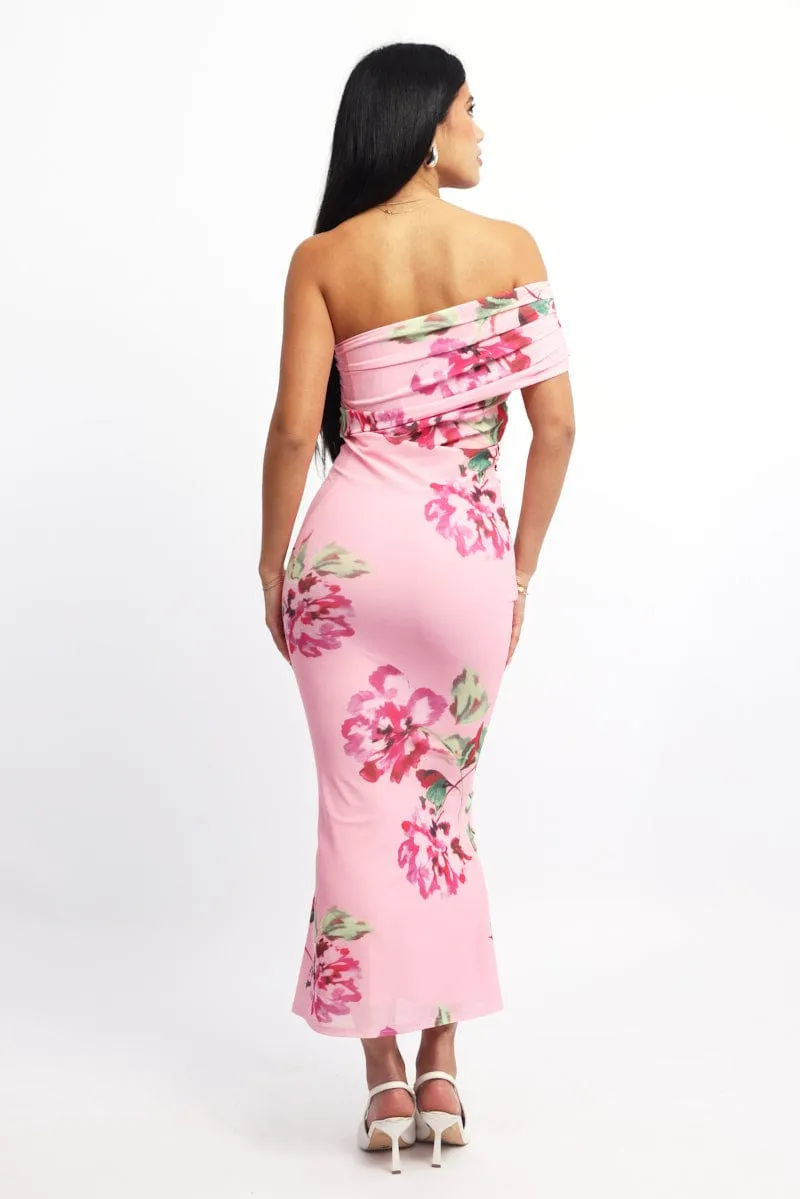 Pink Floral Bodycon Dress One Shoulder Mesh sold by Ally Fashion product image thumbnail 3