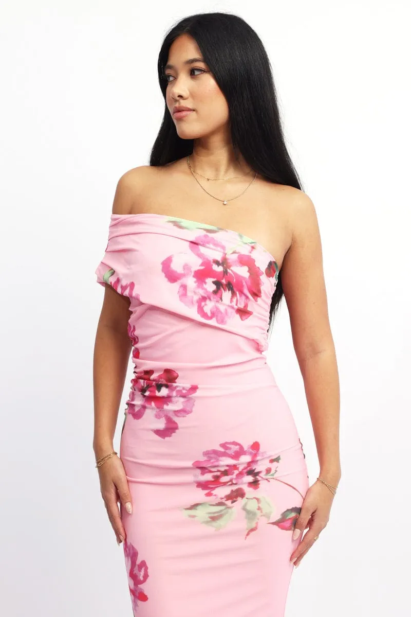 Pink Floral Bodycon Dress One Shoulder Mesh sold by Ally Fashion product image thumbnail 4
