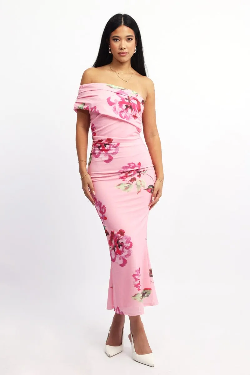 Pink Floral Bodycon Dress One Shoulder Mesh sold by Ally Fashion