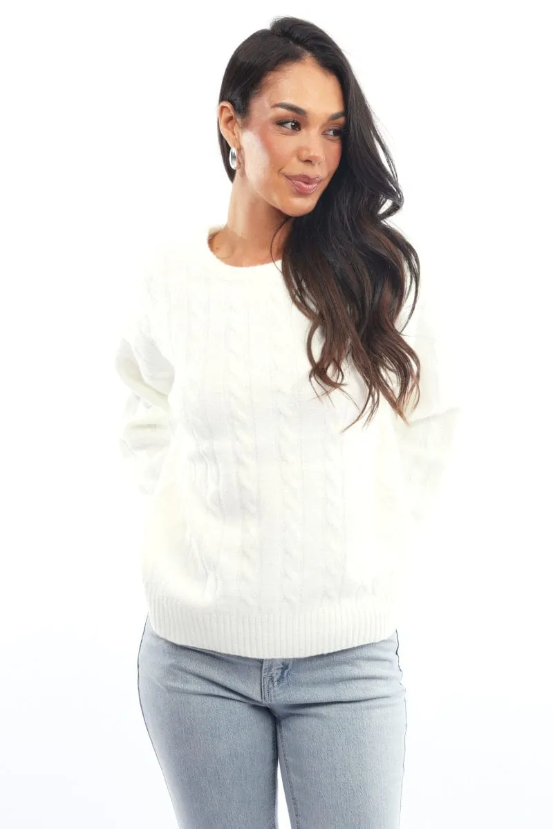 White Knit Jumper Long Sleeve Cable sold by Ally Fashion