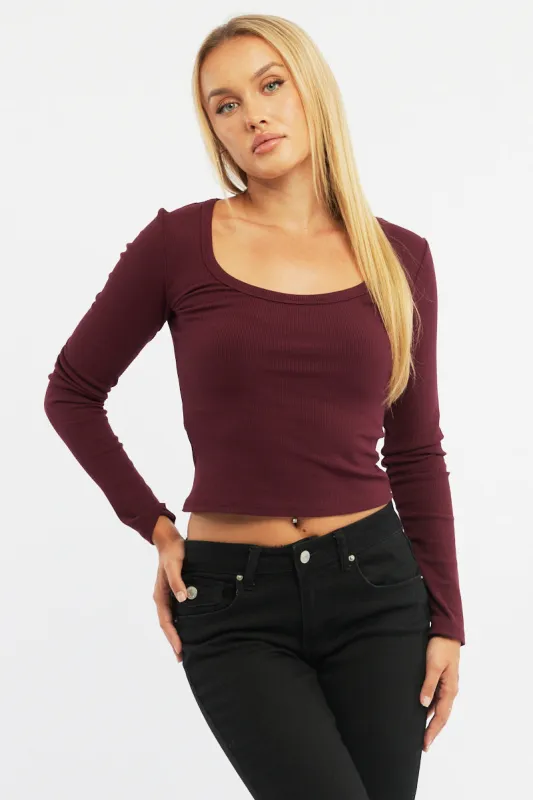Red Rib Top Long Sleeve Scoop Neck Brushed sold by Ally Fashion