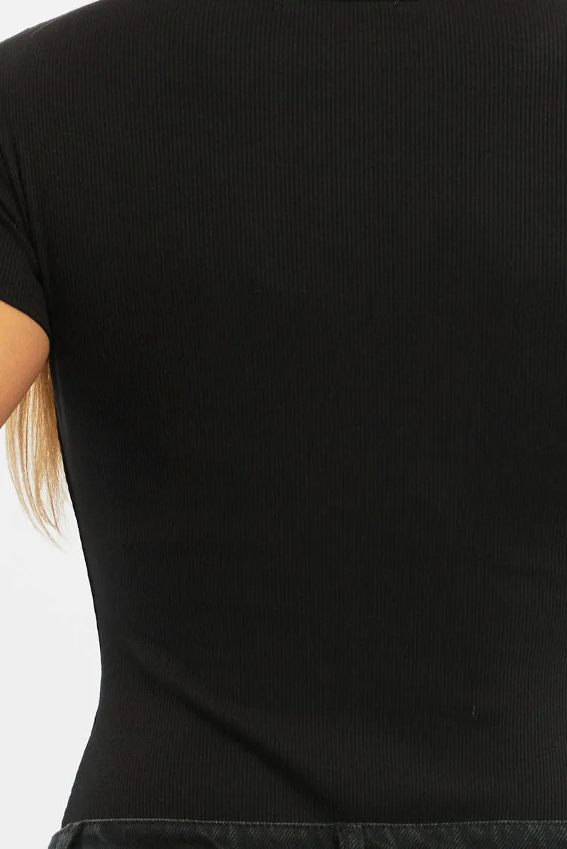 Black Bodysuit Short Sleeve Button Front Rib sold by Ally Fashion product image thumbnail 5