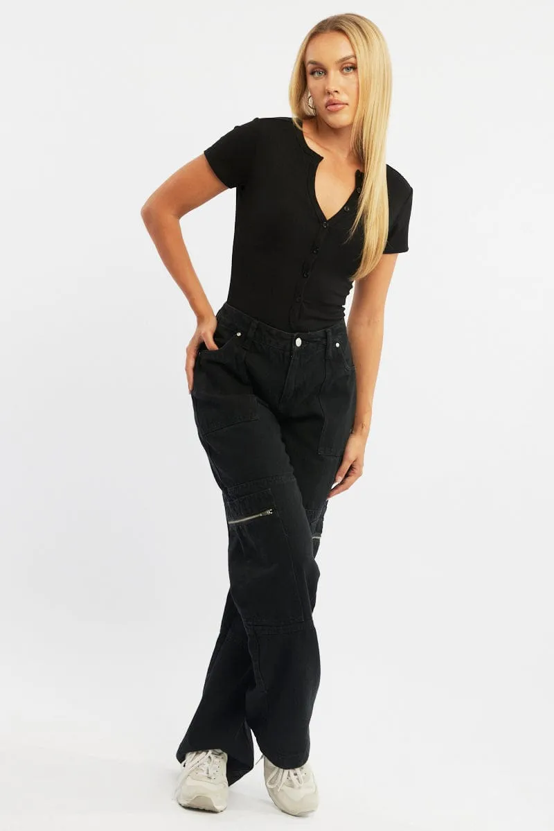 Black Bodysuit Short Sleeve Button Front Rib sold by Ally Fashion product image thumbnail 3
